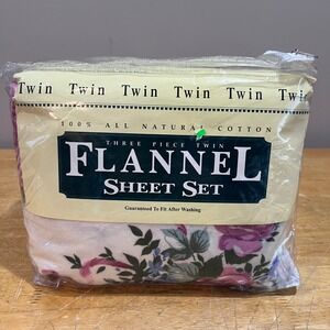 Ames Twin Flannel Sheet Set 3pc 100% Natural Cotton Floral Rose Pink Blue White